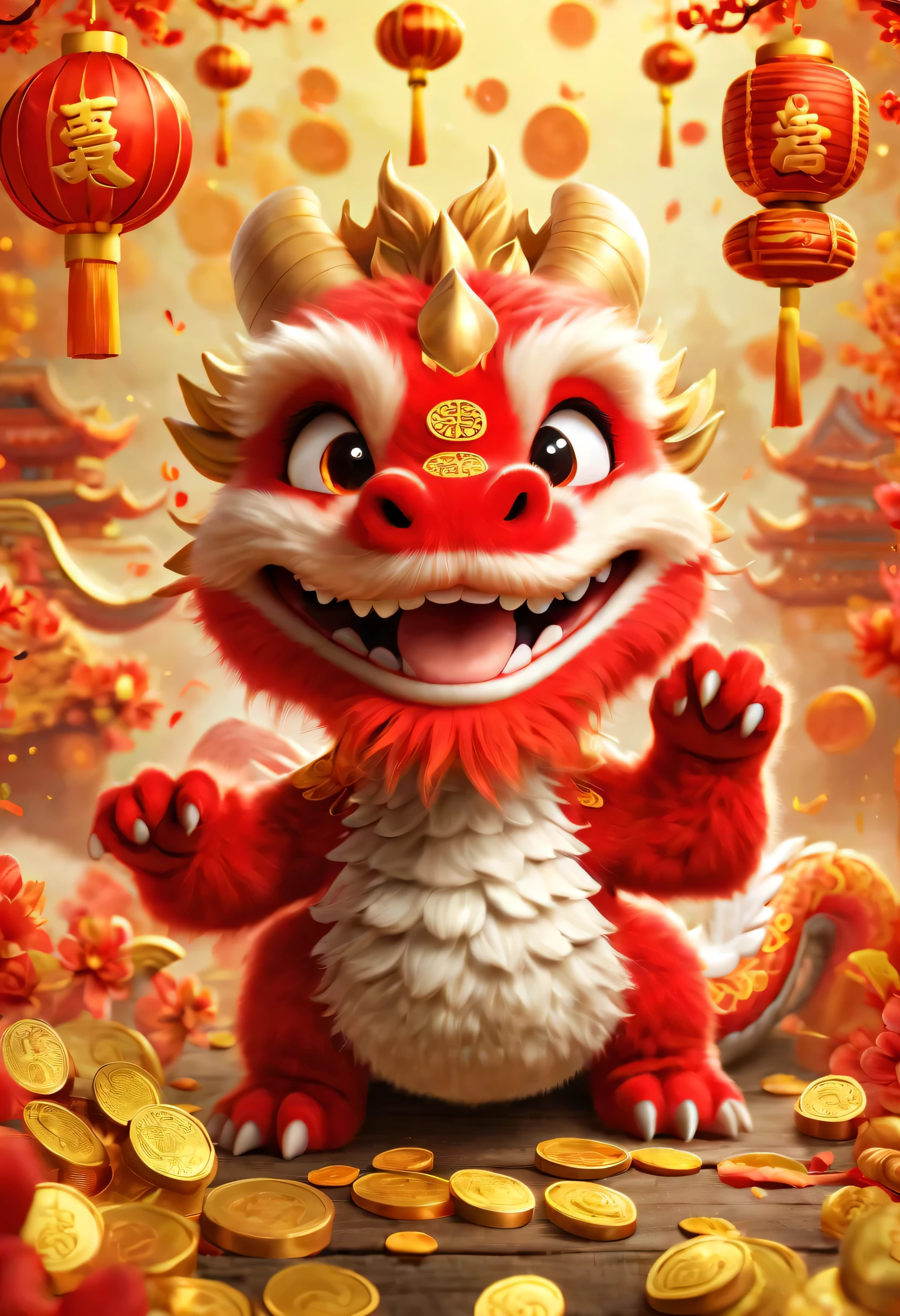 poster design：Chinese New Year is here，Cute little Chinese dragon so happy，hairy，purse，There are many gold coins in the air，Chinese element background blur，
