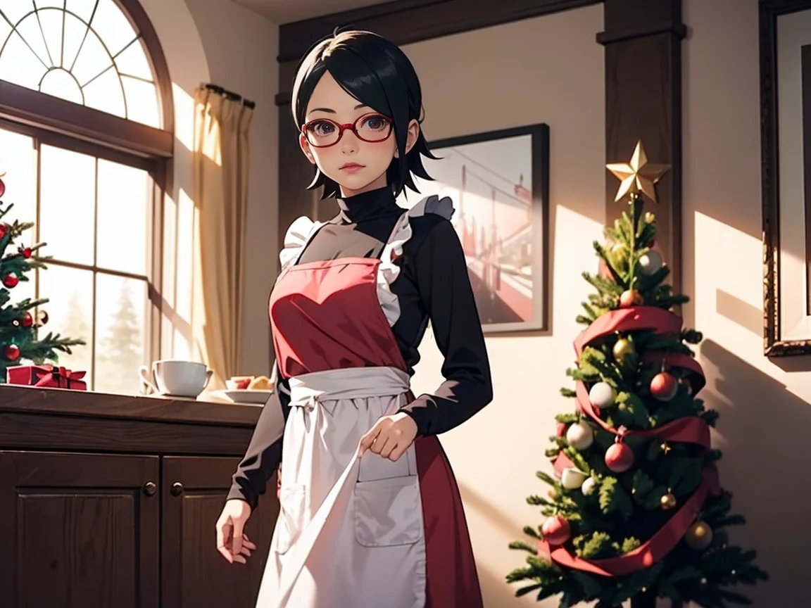 ((Sarada Uchiha,glasses,standing,walking)),masterpiece, best quality, prepseattle, hair bow, halterneck, red shirt,short hair standing, christmas tree, indoors, looking at viewer, pink lipstick,white apron