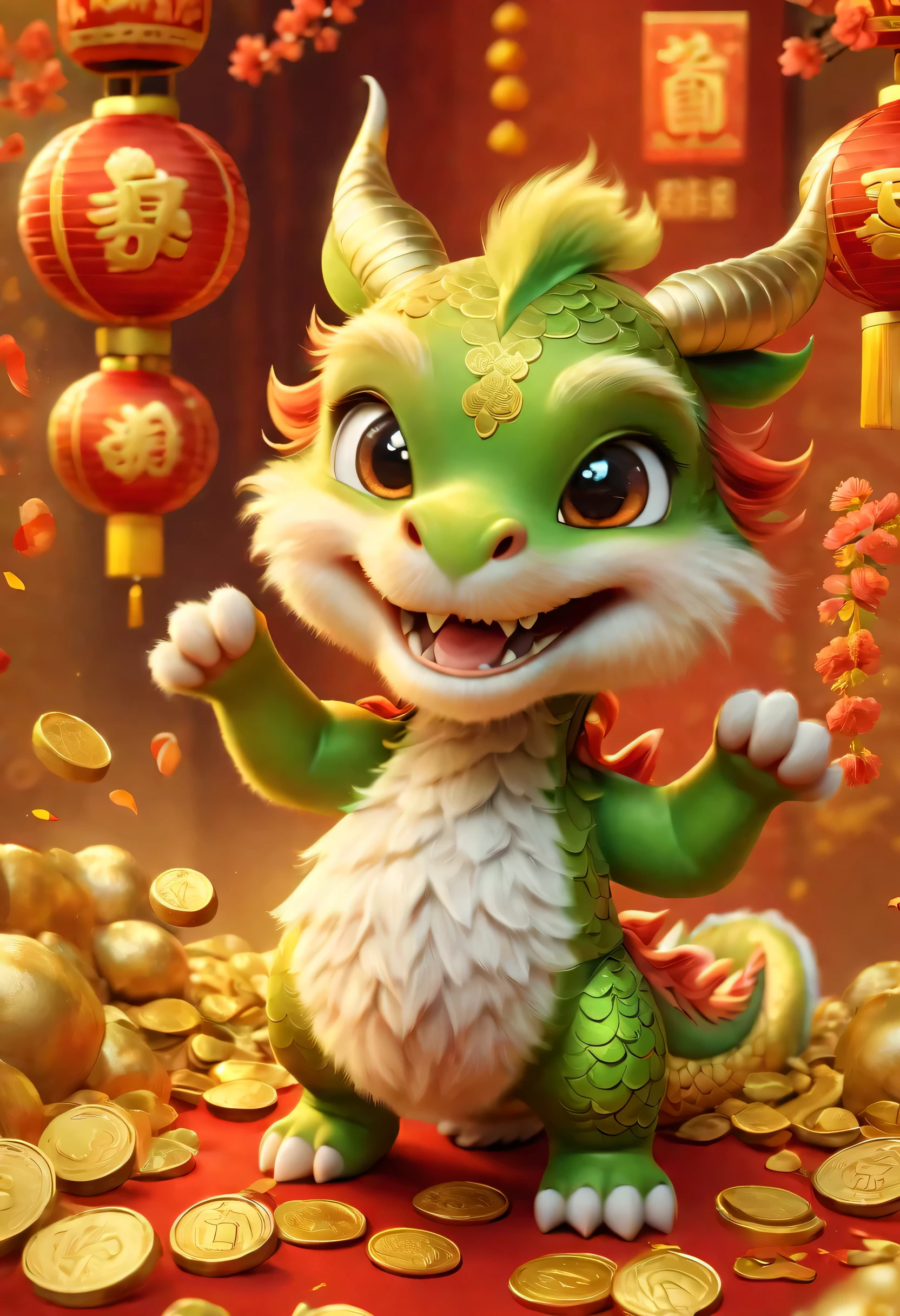 poster design：Chinese New Year is here，Cute little Chinese dragon so happy，hairy，purse，There are many gold coins in the air，Chinese element background blur，