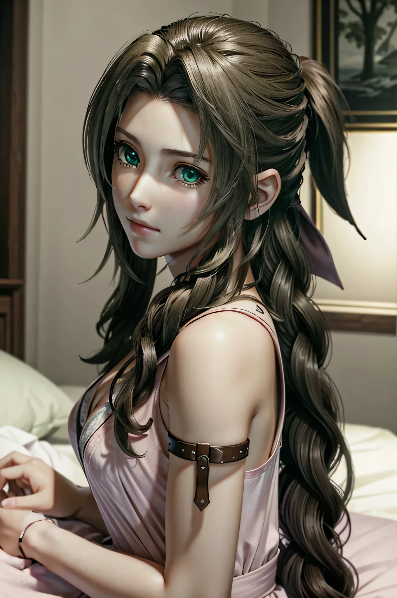 ((超詳細, 傑作, 最好的品質)) FF7艾麗絲, 1個女孩, 獨自的, 單辮, 綠眼睛, 棕色的頭髮, 在床上
