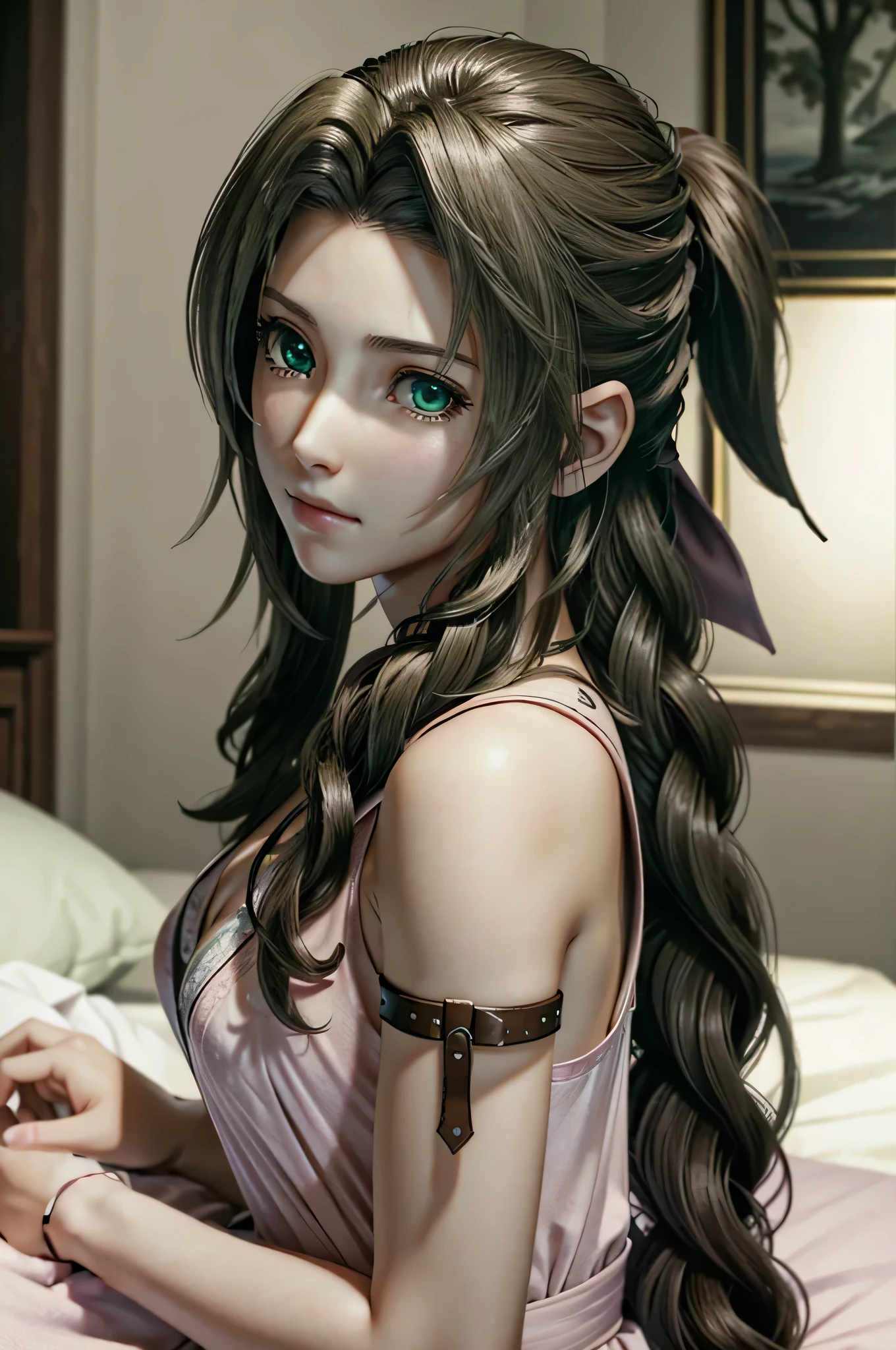 ((ultra détaillé, chef-d&#39;œuvre, meilleure qualité)) FF7Aerith, 1fille, seulement, tresse simple, yeux verts, cheveux bruns, sur le lit
