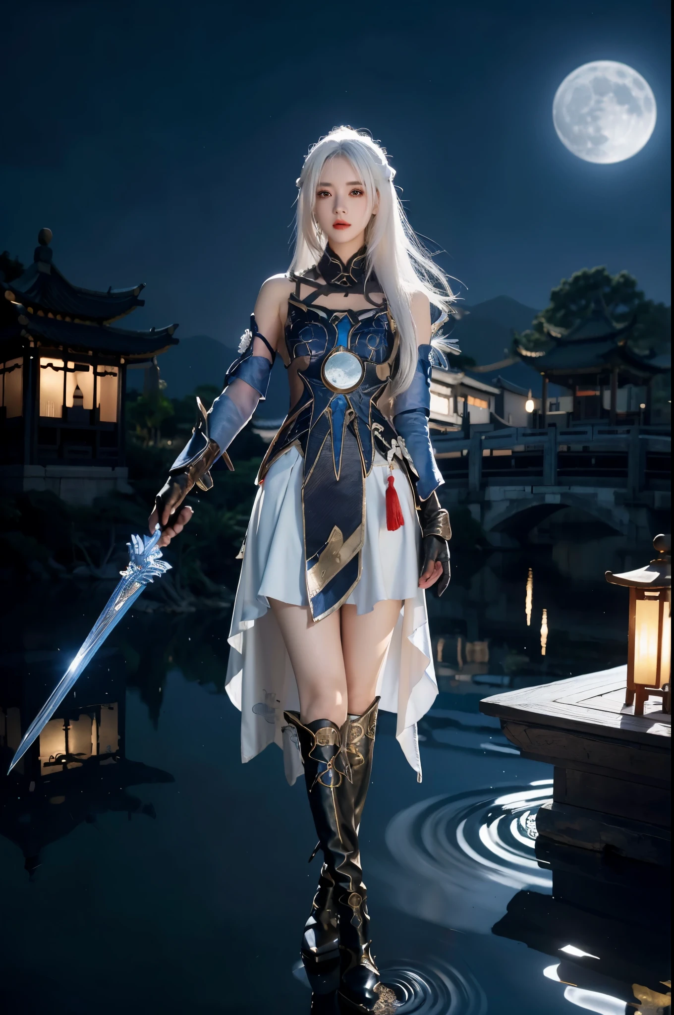 best quality, masterpiece, lifelike, 1 girl, alone, whole body, permanent, hair between eyes, holding sword, jingliu role play costume, white hair, role play, skirt, Chinese clothes, boots, high-heel boots, Detached sleeves, elbow Gloves, Gloves, hair accessories, Chinese garden, water, (night:1.2), moon, 