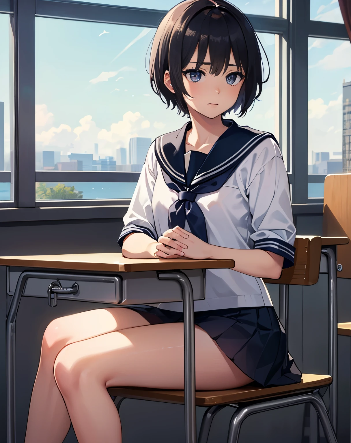 Anime girl sitting at a desk with her legs crossed - SeaArt AI