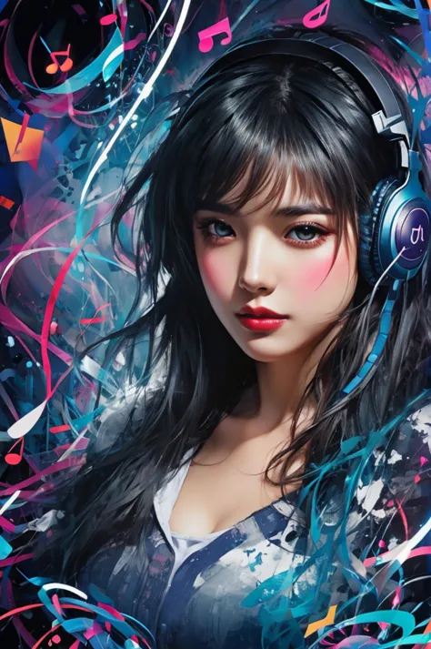 A female with headphones on immersed in music, surrounded by musical note symbols, swirling colors and abstract shapes that repr...