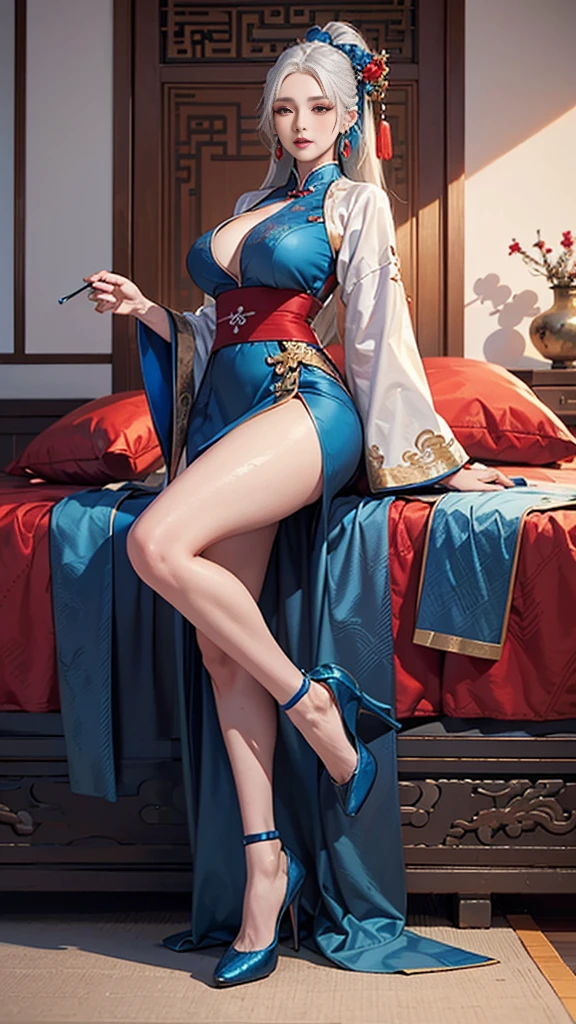 (Ultra-realistic 8k CG: 1.2), perfect artwork, delicate patterns, intricate details, (unparalleled masterpiece, best quality: 1.2), (extremely complex: 1.2), a woman in a blue and gold dress, (sitting on a blue bed), hips up, makeup, blush, shyness, white hair, looking down, cosmetics, (forehead point), (2 red candles), Chinese_clothes, curtains, earrings,hanfu, interior, jewelry, blue nails, long_sleeves, blue dress, red lips, tassels, (red quilt), (red palace: 1.2), (ancient Chinese architecture), (blue: 1.8), night,(Full Body:1.5),(cute face:1.3),(huge breasts:1.3),(high-heels:1.3),(big hips1.3),(medium thighs:1.3)