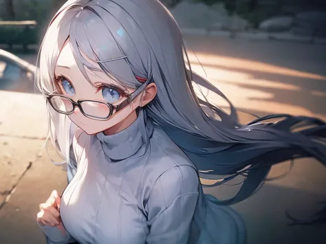 (highest quality), (highest quality), (masterpiece), woman, gray hair, glasses, (white knit)