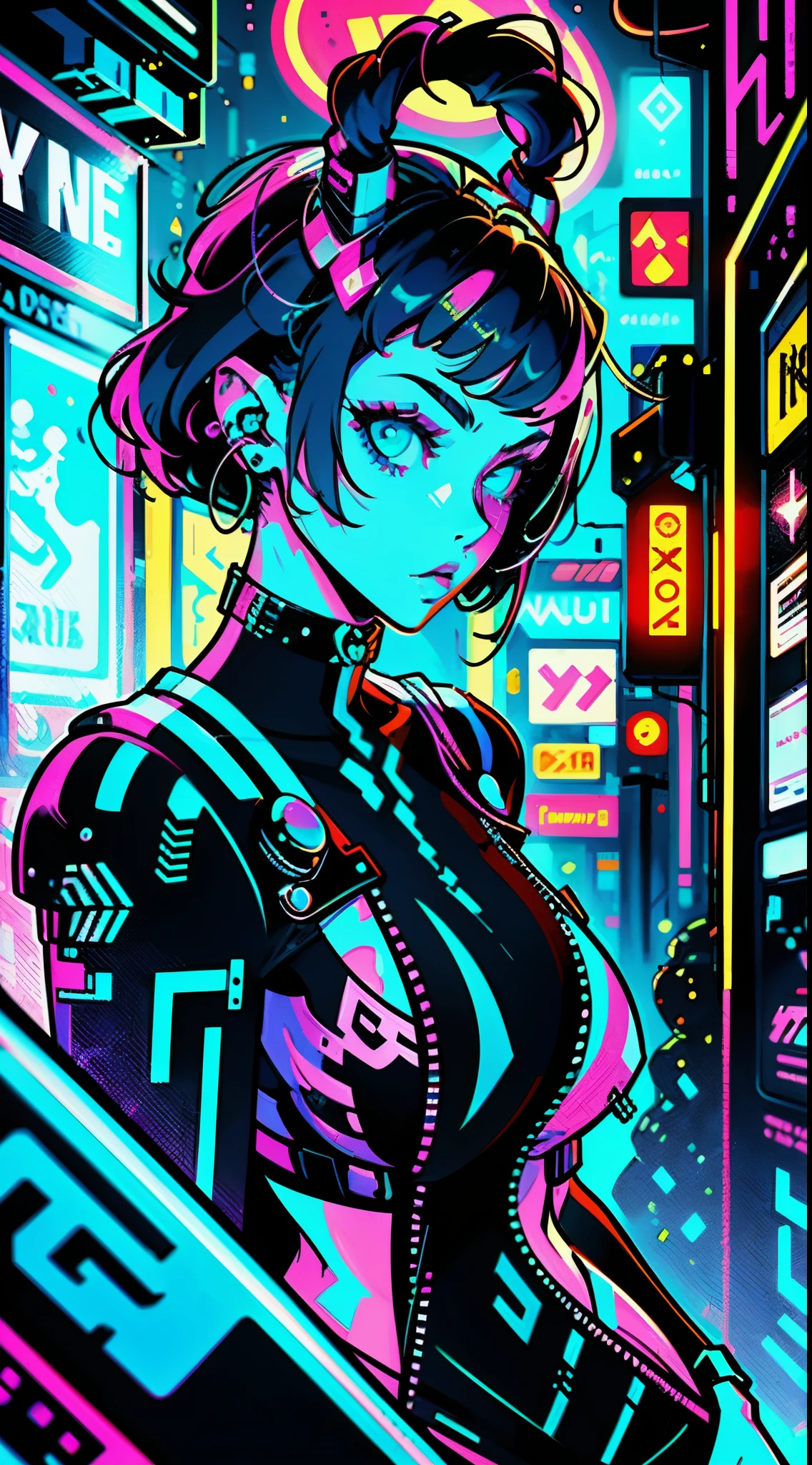 une peinture numérique d&#39;une femme aux cheveux bleus, art cyberpunk par Josen Gonzalez, gagnant du concours behance, afrofuturisme, synthwave, néon, glowing néon