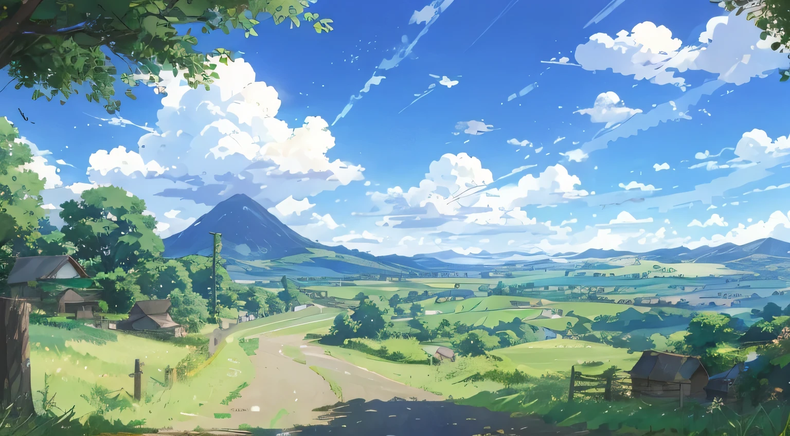 majestic rural scenery, beautiful blue sky.、green mountain々countryside、anime countryside landscape、Anime background art、Anime scenery wallpapers、anime movie background、distant village background、Makoto Shinkai Landscape、beautiful、Xin Haicheng background painting、Ghibli Anime Background、High resolution