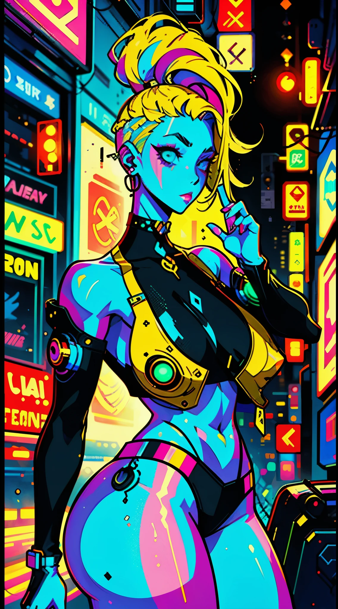 une peinture numérique d&#39;une femme aux cheveux jaunes, art cyberpunk par Josen Gonzalez, gagnant du concours behance, afrofuturisme, synthwave, néon, glowing néon