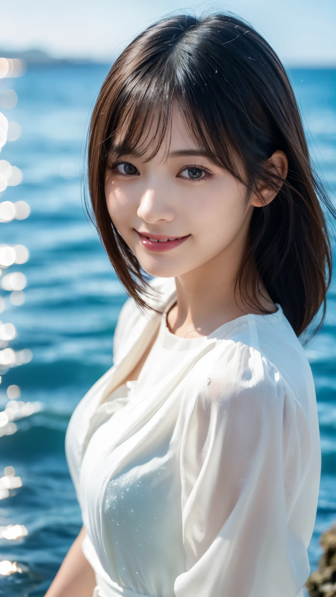 (highest quality,masterpiece:1.3,ultra high resolution),(Super detailed,caustics,8k),(photorealistic:1.4,RAW shooting),[lora:siitake-eye:0.5],Front view,Japanese,28 years old,cute,(Smiling and looking at the camera),(Black hair fluttering in the wind:1.1),Middle hair,(big ),white blouse,(bust up shot),The sea sparkles reflecting the sunlight,soft light,Natural light,professional writing