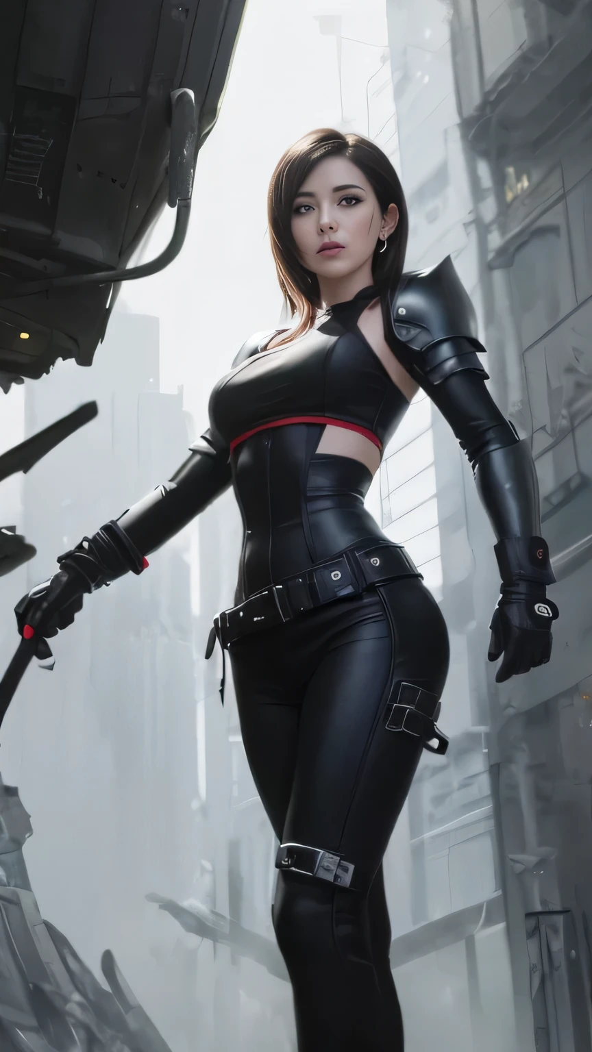 ((Best quality)), ((masterpiece)),  an image of a beautiful cyberpunk female, Tifa Lockhart, long dark hair tied in a fishtail, ((wearing futuristic cyberpunk chest armor)), bracers and armored cyberpunk leggings, Perfect proportions, dynamic pose, standing in a destroyed cityscape