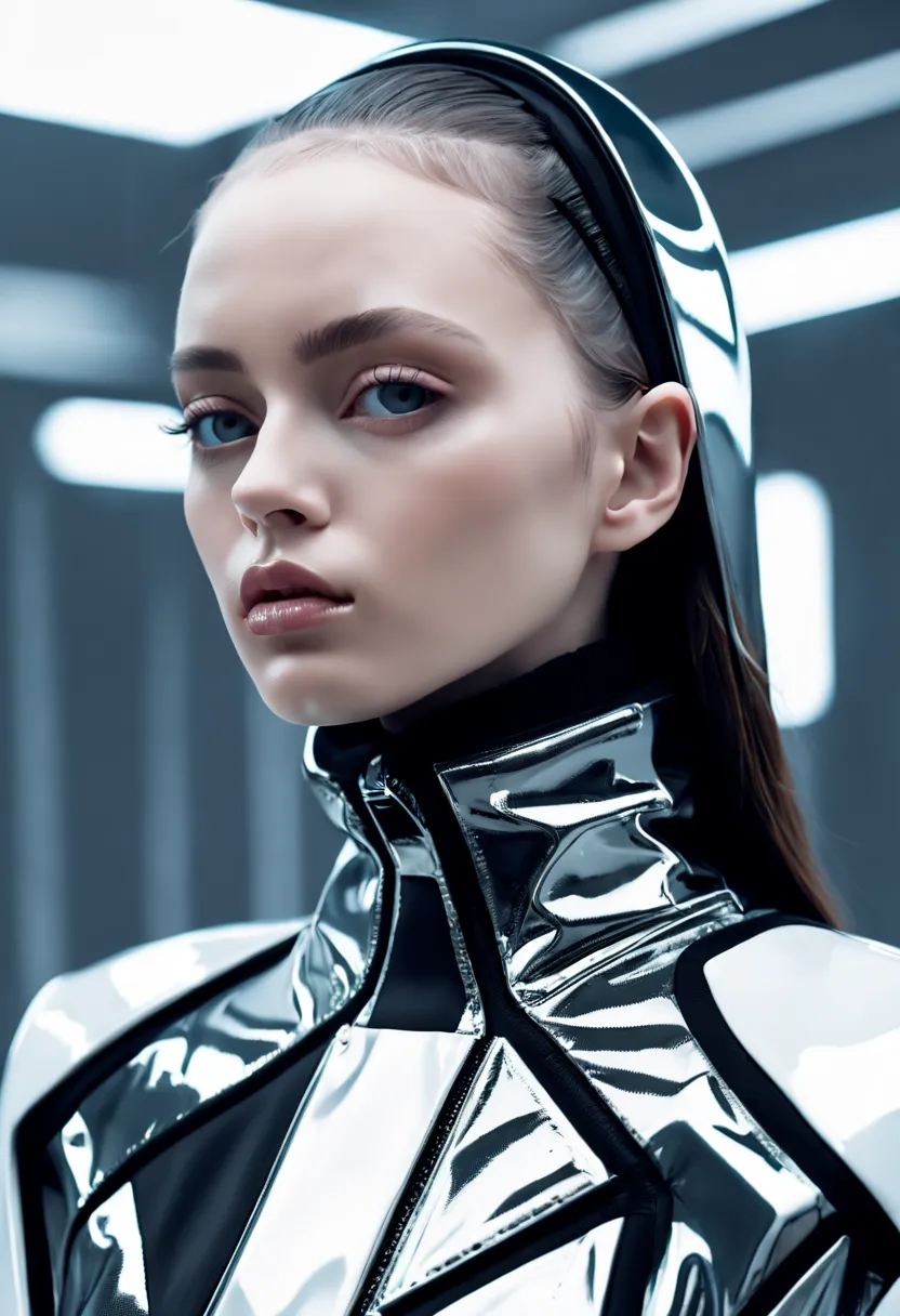 female model, professional photoshoot, sci-fi chic:0.4, futuristic haute couture:0.3, glitch aesthetic:0.3, haute couture:0.4 , ...