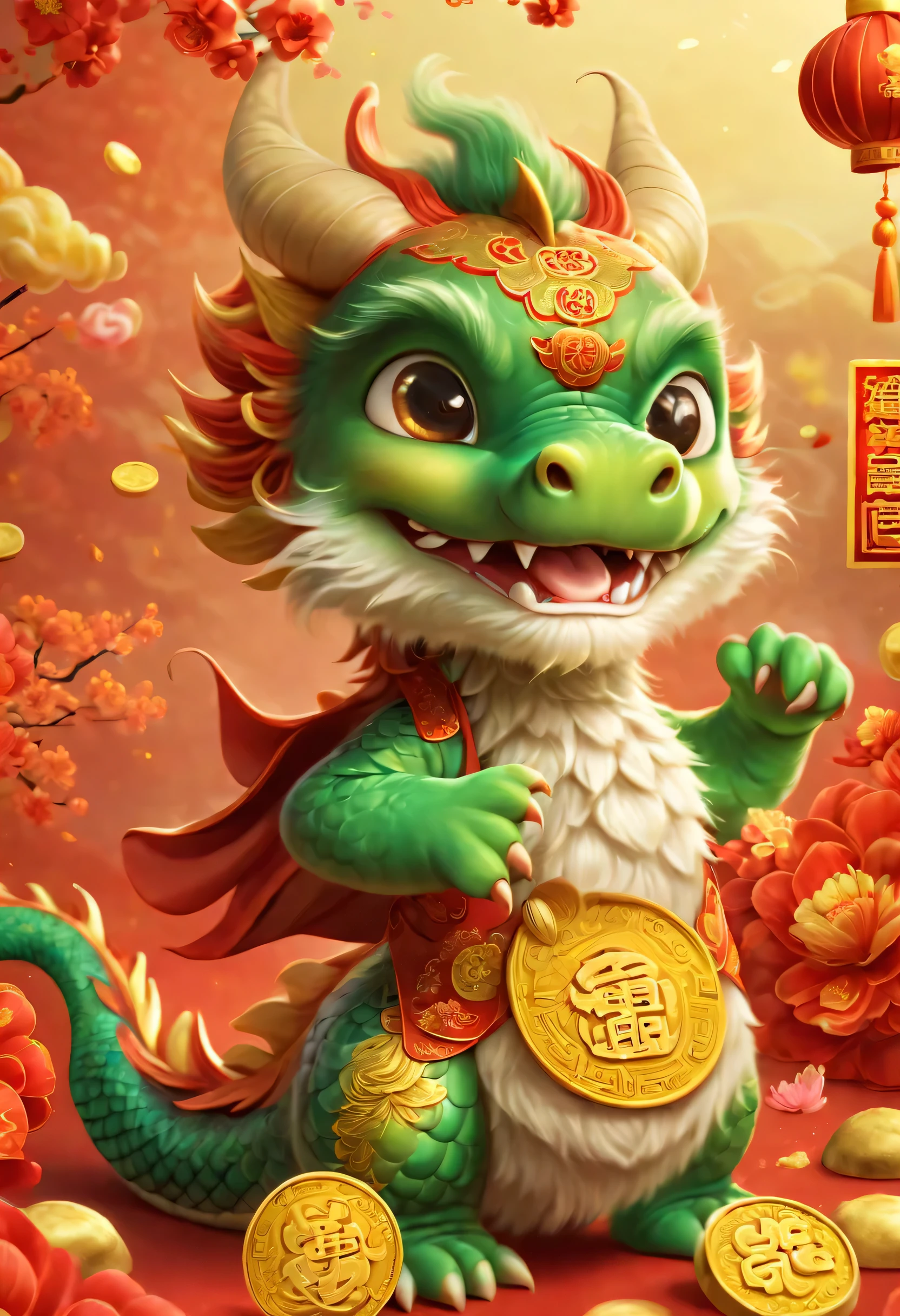 poster design：Chinese New Year is here，Cute little Chinese dragon so happy，hairy，purse，There are many gold coins in the air，Chinese element background blur，