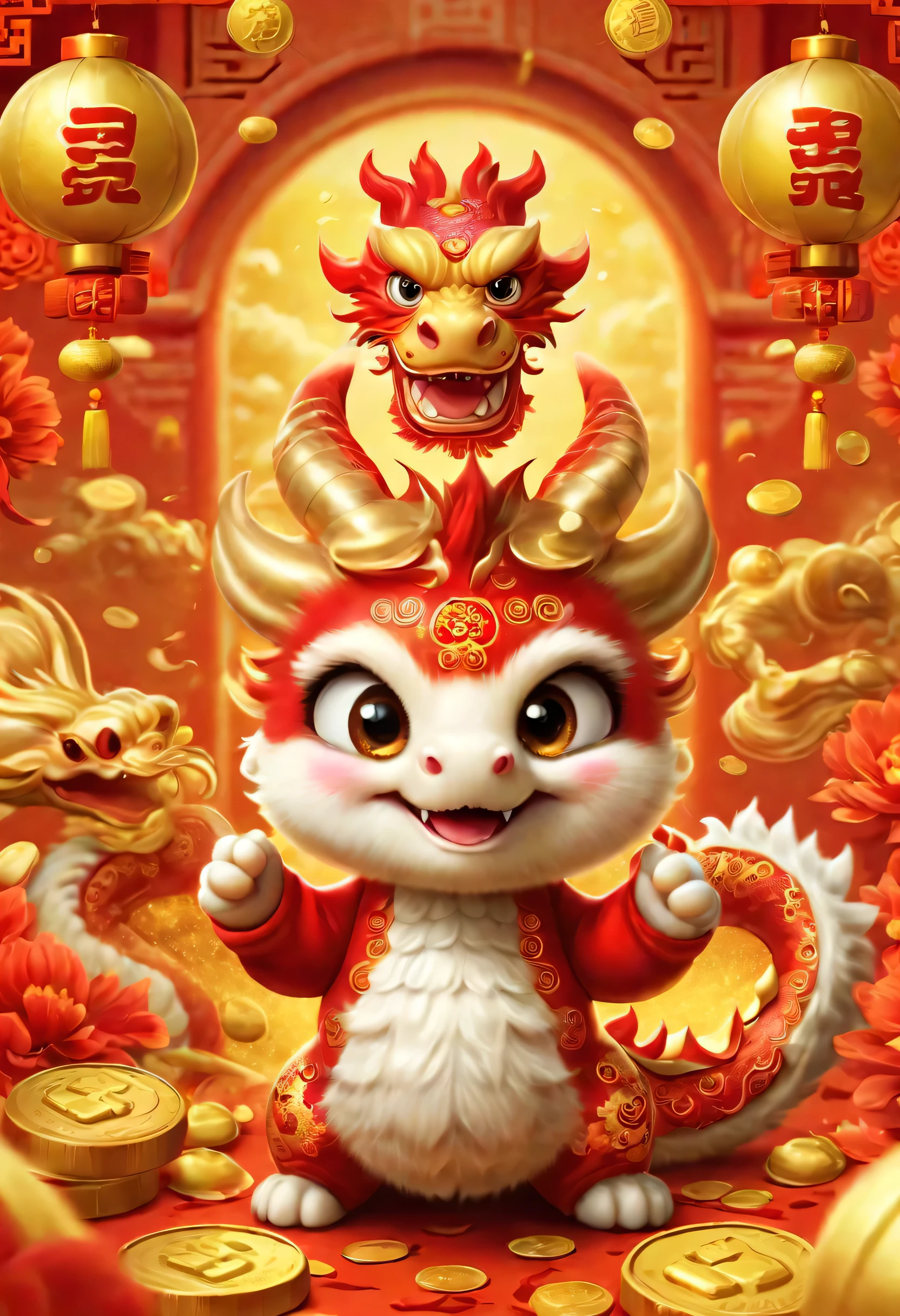 poster design：Chinese New Year is here，Cute little Chinese dragon so happy，hairy，purse，There are many gold coins in the air，Chinese element background blur，