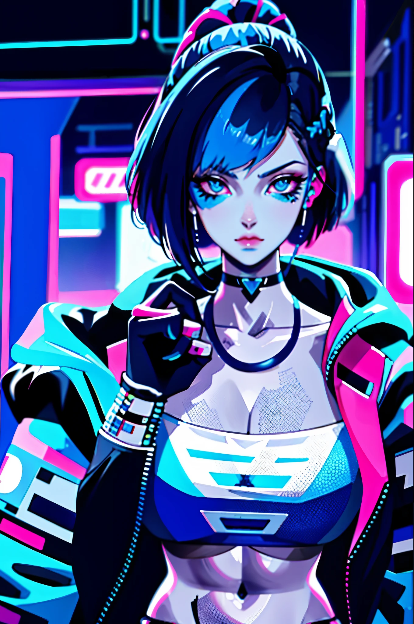 uma pintura digital de uma mulher com cabelo azul, arte cyberpunk de Josan Gonzalez, vencedor do concurso behance, afrofuturismo, onda sintética, néon, glowing néon