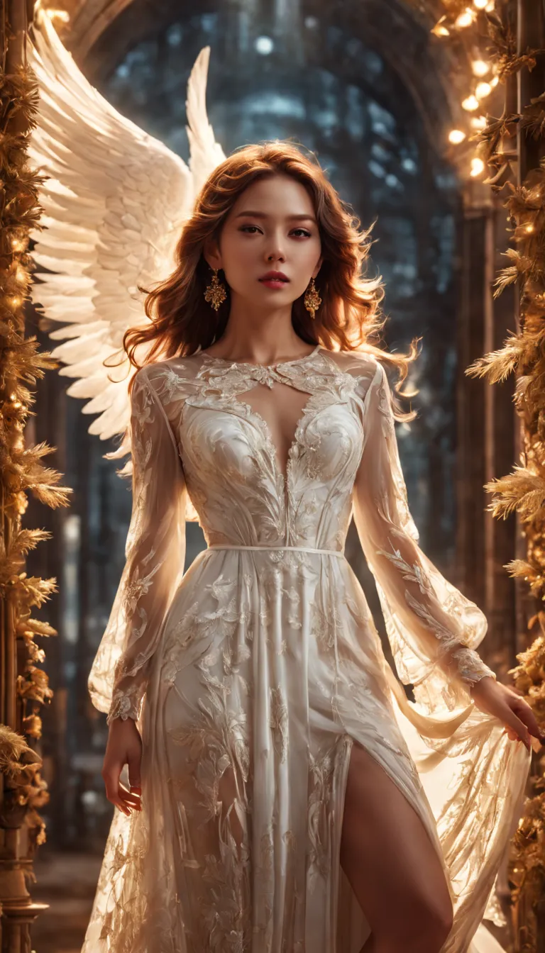 Baroque science fiction full body、elegant white angel、airy translucent dress、spectacular atmosphere、carved background、8K desatu...