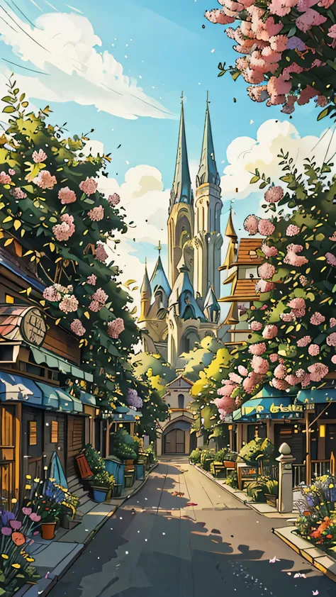 a street view featuring skyscrapers and castles surrounded by beautiful trees and flowers. the image should be ultra-detailed an...