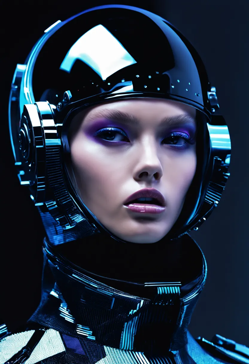 female model, professional photoshoot, sci-fi chic:0.4, futuristic haute couture:0.3, glitch aesthetic:0.3, haute couture:0.4 , ...