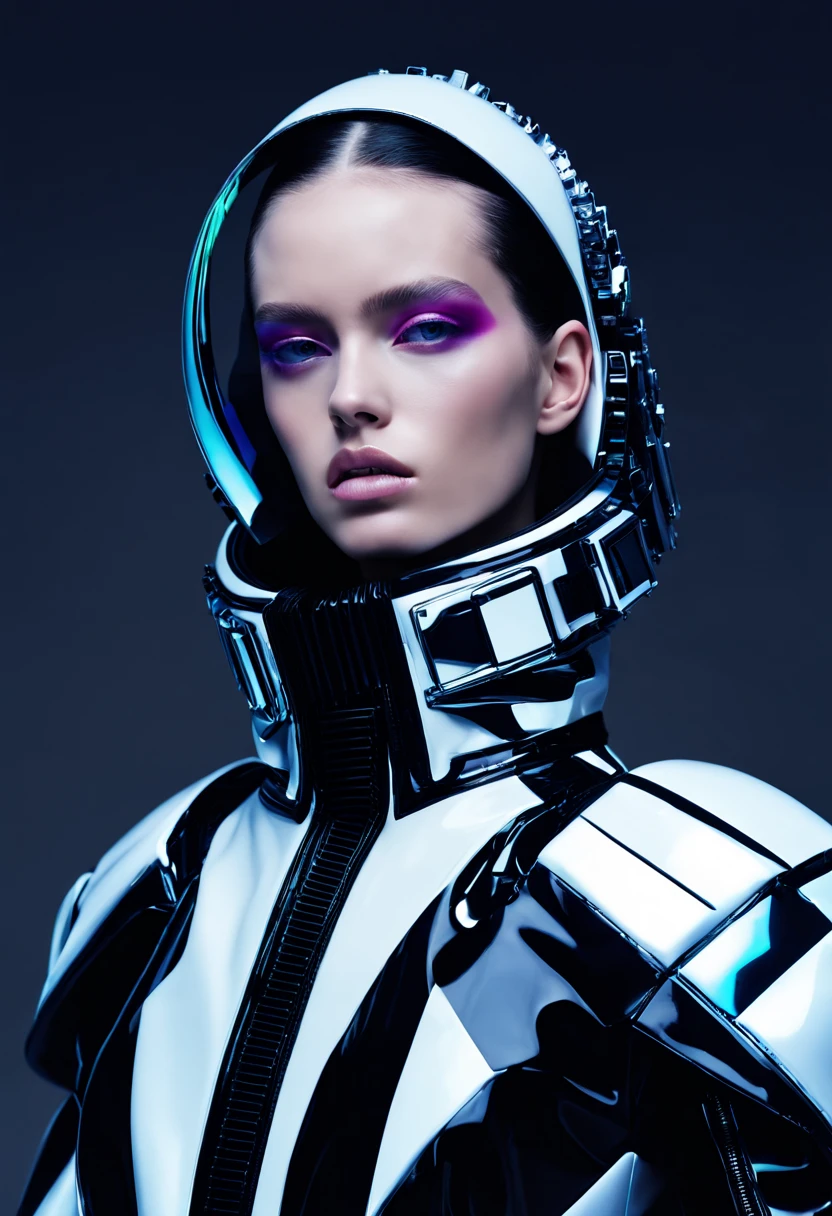 female model, professional photoshoot, sci-fi chic:0.4, futuristic haute couture:0.3, glitch aesthetic:0.3, haute couture:0.4 , portrait close up, by Balenciaga high fashion creator , 