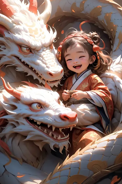 there is a cute chinese dragon behind it，there are 2 corners，happy female dragon ，laughing out loud(in humanoid form), immense p...