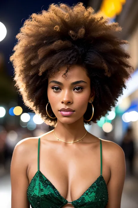 foto retrato de tinakunakey, afro enorme, mulher bonita cabelo penteado para cima em rua iluminada a noite sentado no bar (obra ...