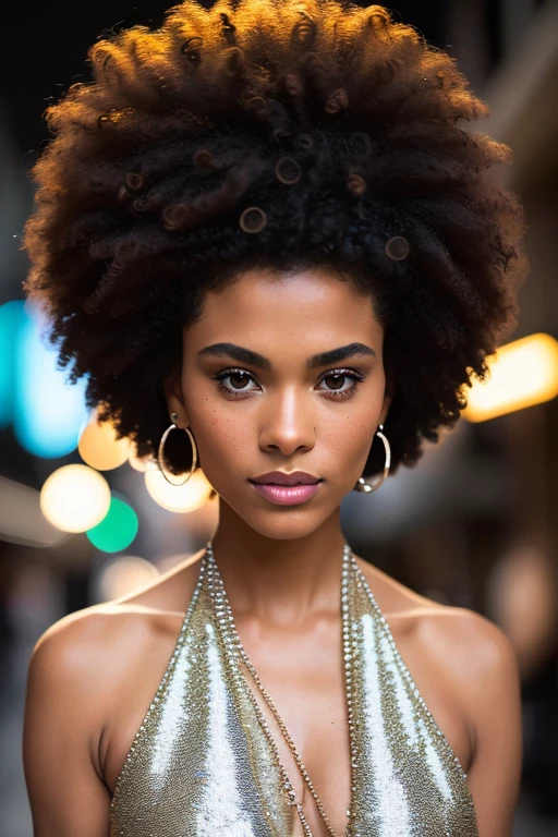 foto retrato de TinaKunakey, afro enorme, mulher bonita cabelo penteado para cima em rua iluminada a noite sentado no bar (obra de arte) (melhor qualidade) (detalhado) (8k) (HDR) (papel de parede) (cinematic lighting) (sharp focus) ( Intrincado)