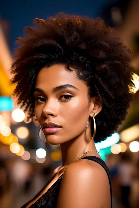 foto retrato de tinakunakey, afro enorme, mulher bonita cabelo penteado para cima em rua iluminada a noite sentado no bar (obra ...