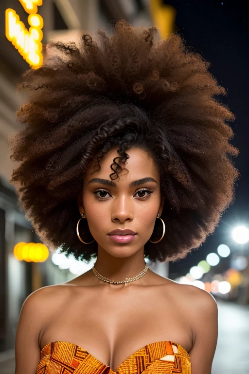 foto retrato de TinaKunakey, afro enorme, mulher bonita cabelo penteado para cima em rua iluminada a noite sentado no bar (obra de arte) (melhor qualidade) (detalhado) (8k) (HDR) (papel de parede) (cinematic lighting) (sharp focus) ( Intrincado)