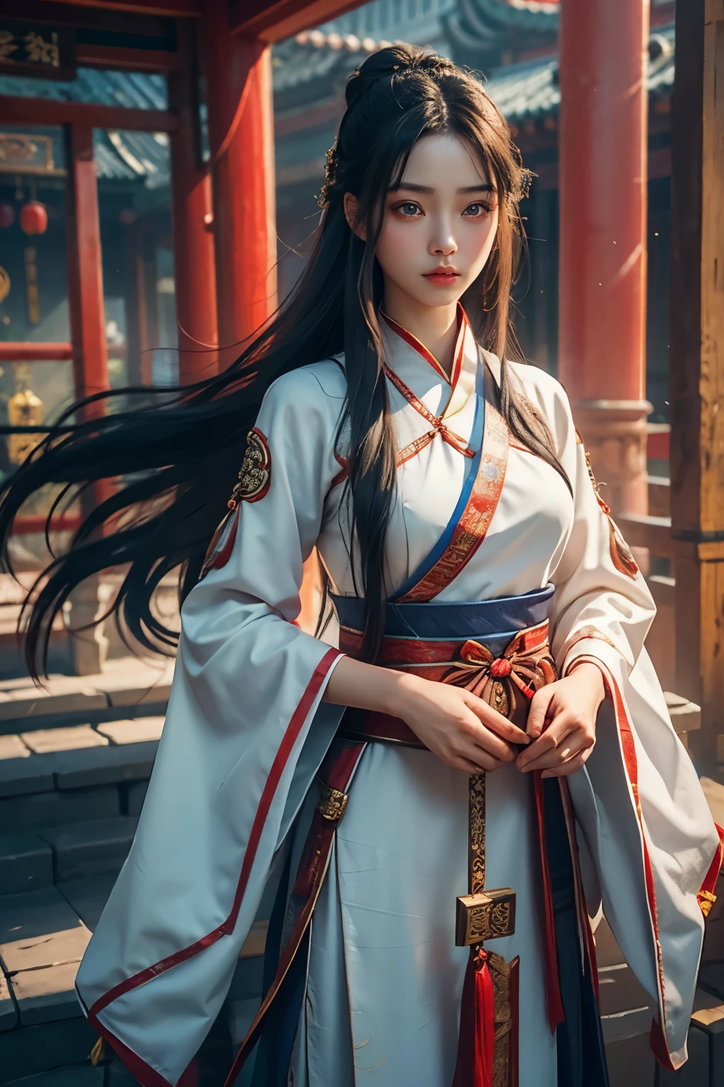 {tema de fantasía,estilo chino},1 chica, pelo largo, pelo azul oscuro, ojos rojos, cara clara, Ojos claros y brillantes, obra maestra, mejor calidad, ropa china, hanfu, Antiguo chino, mangas largas, vestido blanco, anatómicamente correcto, piel texturizada, xianxia, wuxia style