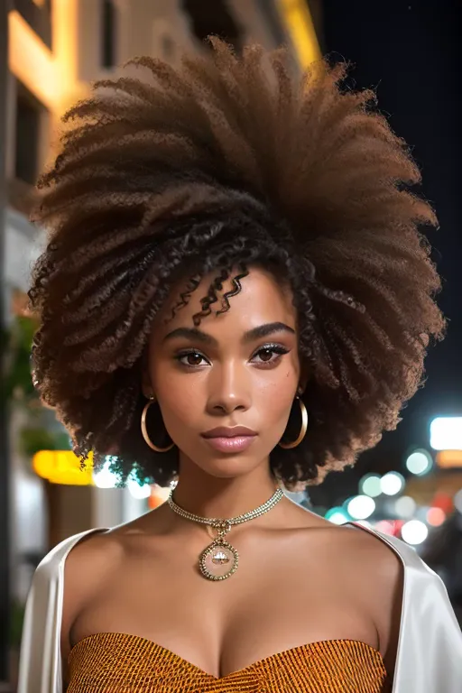 foto retrato de tinakunakey, afro enorme, mulher bonita cabelo penteado para cima em rua iluminada a noite sentado no bar (obra ...