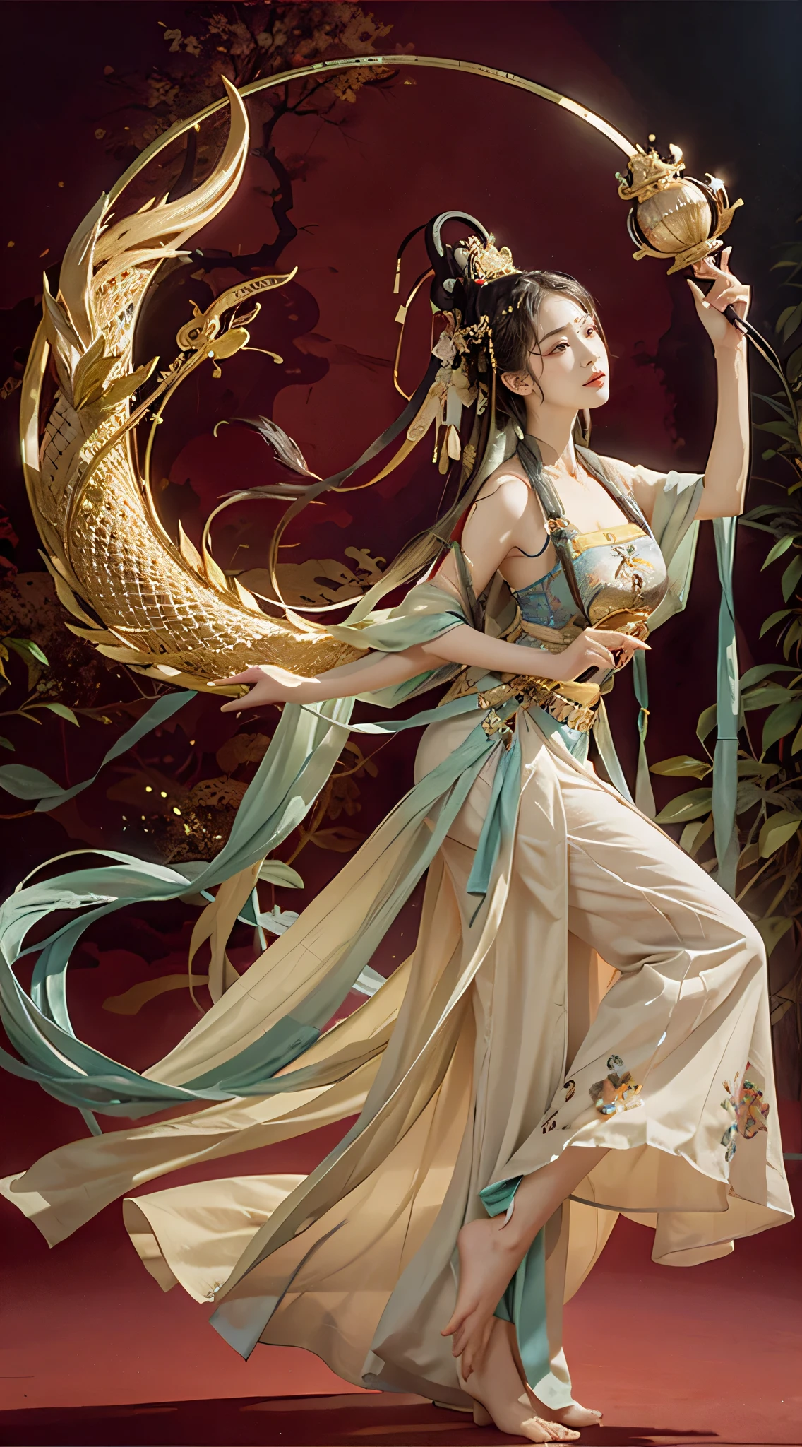 masterpiece, traditional Chinese painting, 1 girl, long white hair, looking at the audience,dance,perfect facial features, Titillating, （Holding a willow branch in hand）, Dunhuang_style, Dunhuang_clothing, Ultra HD Dragon Horn, The dragon is flying, 4K, best quality, Super details, Award-winning, high quality,best quality，high detail（The hands and feet are extremely detailed）