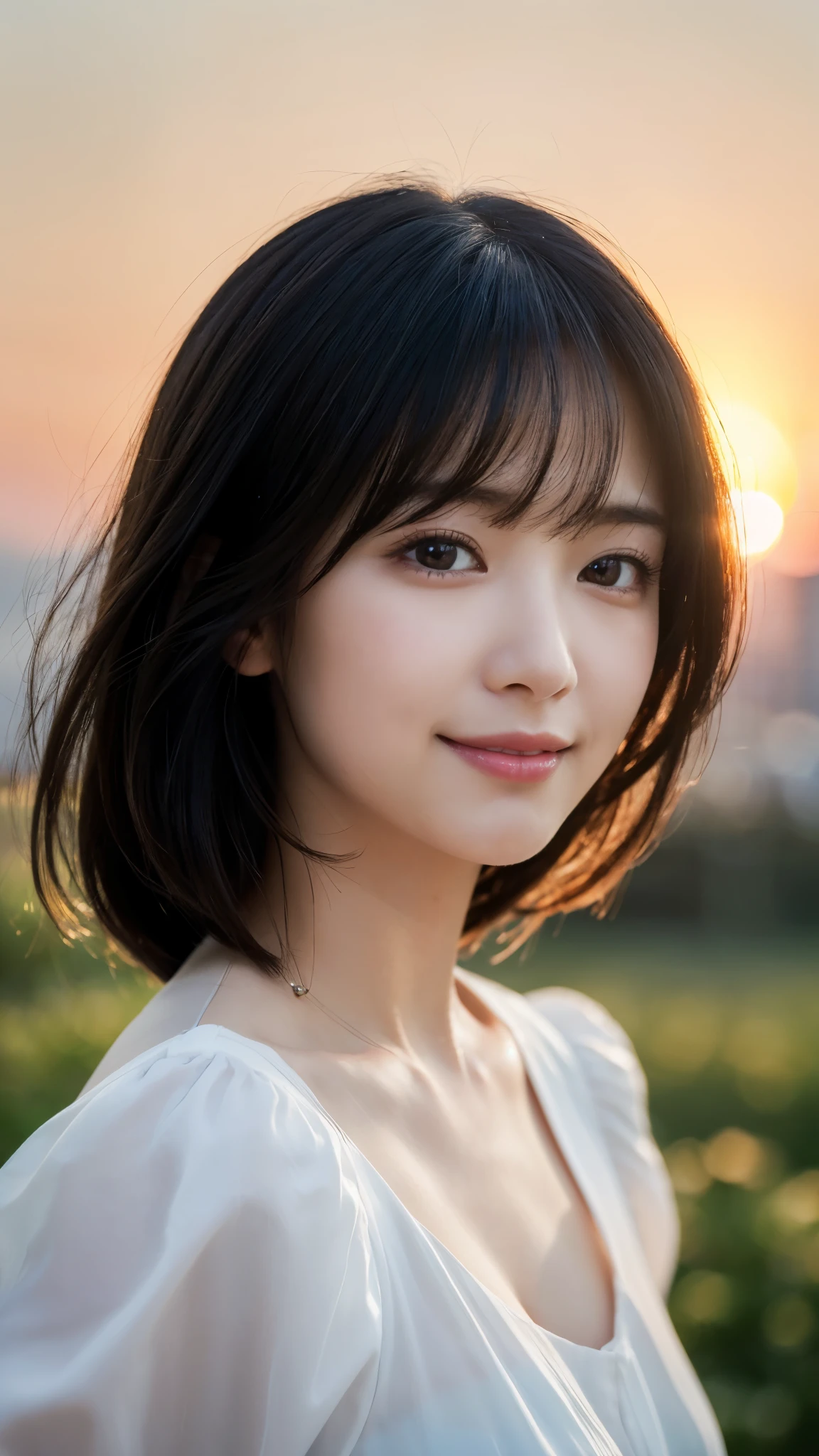 (highest quality,masterpiece:1.3,ultra high resolution),(Super detailed,caustics,8k),(photorealistic:1.4,RAW shooting),[lora:siitake-eye:0.5],(front shot:1.1),Japanese,28 years old,cute,(Smiling and looking at the camera),(Black hair fluttering in the wind:1.2),Middle hair,(big ),white blouse,(face focus),(Face close-up),(bust up shot),(sunset sky),soft light,Natural light,professional writing