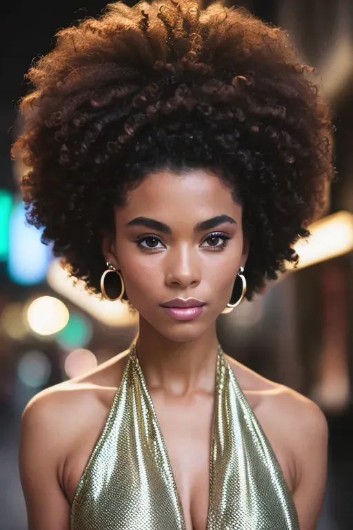 foto retrato de tinakunakey, afro enorme, mulher bonita cabelo penteado para cima em rua iluminada a noite sentado no bar (obra ...