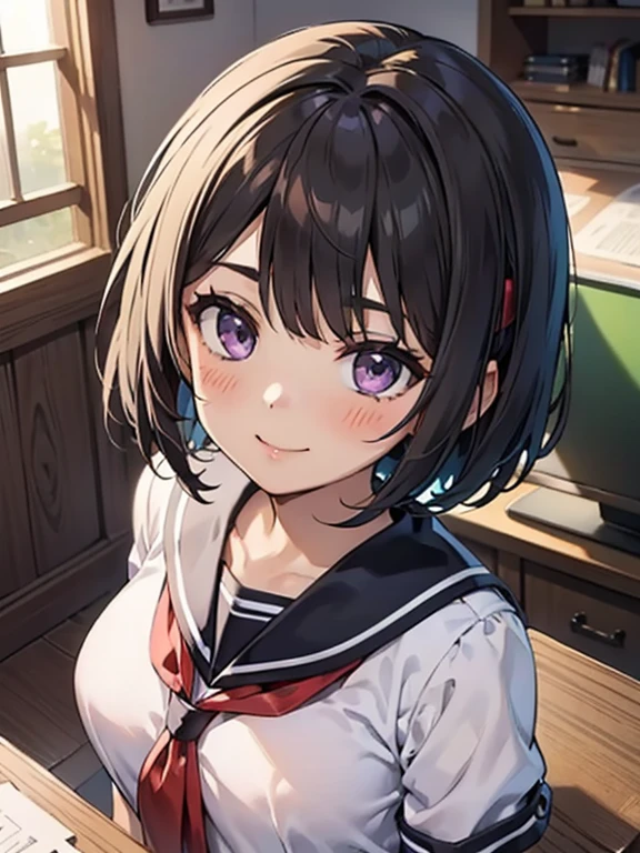 （highest quality），（very detailed），（ultra high resolution）, black hair, High school girl in sailor suit, （navy blue sailor suit）, 2D rendering of anime high school girl, realistic young anime high school girl, Smooth anime 2D CG art, （headband）, smile, purple eyes, small breasts, tall, Straight hair, short bob cut, slanted eyes, （school scenery）, black stockings, ((Super detailed illustrations:1.2)), bright color, High-definition, small face,