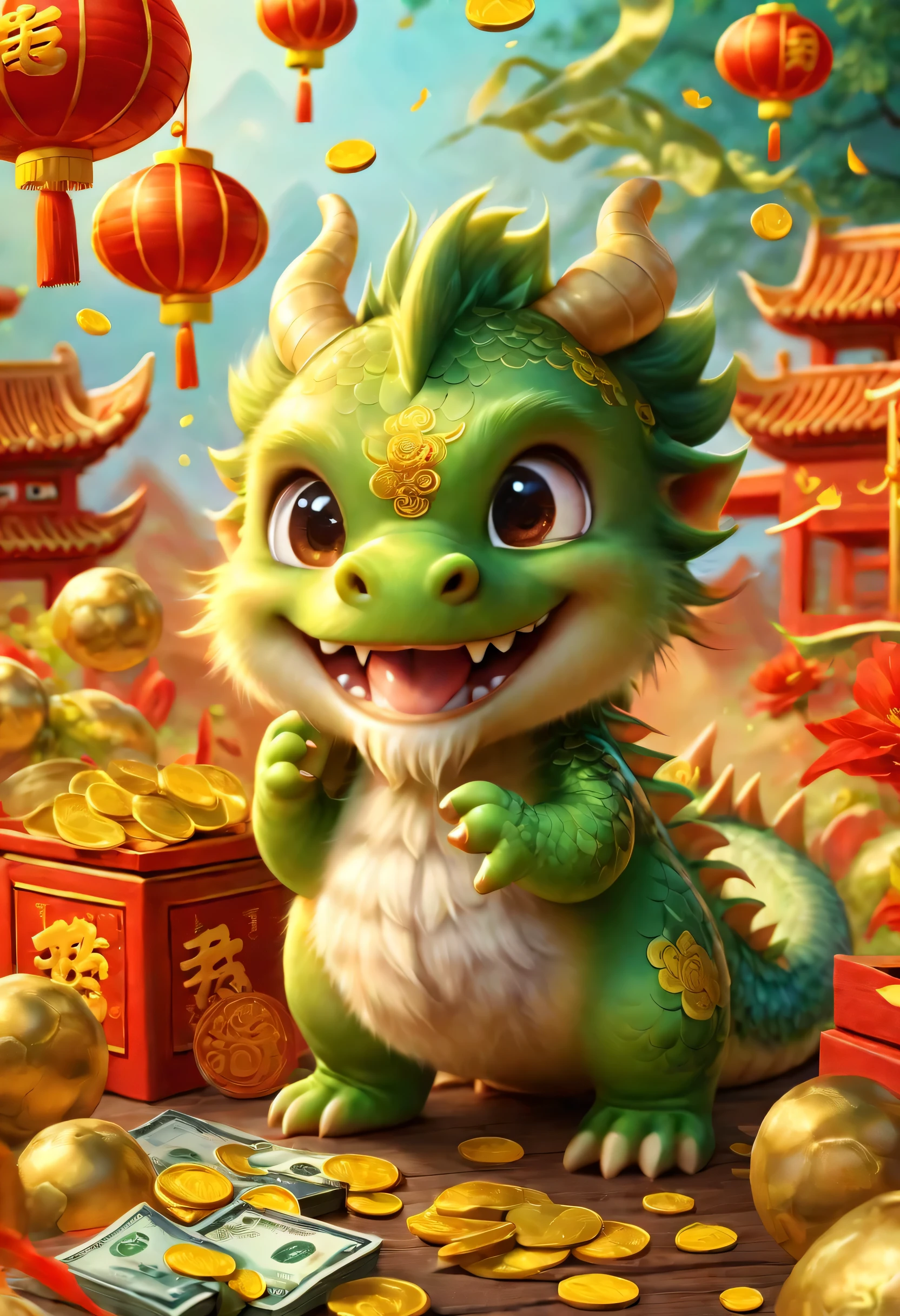 poster design：Chinese New Year is here，Cute little Chinese dragon so happy，hairy，purse，There are many gold coins in the air，Chinese element background blur，