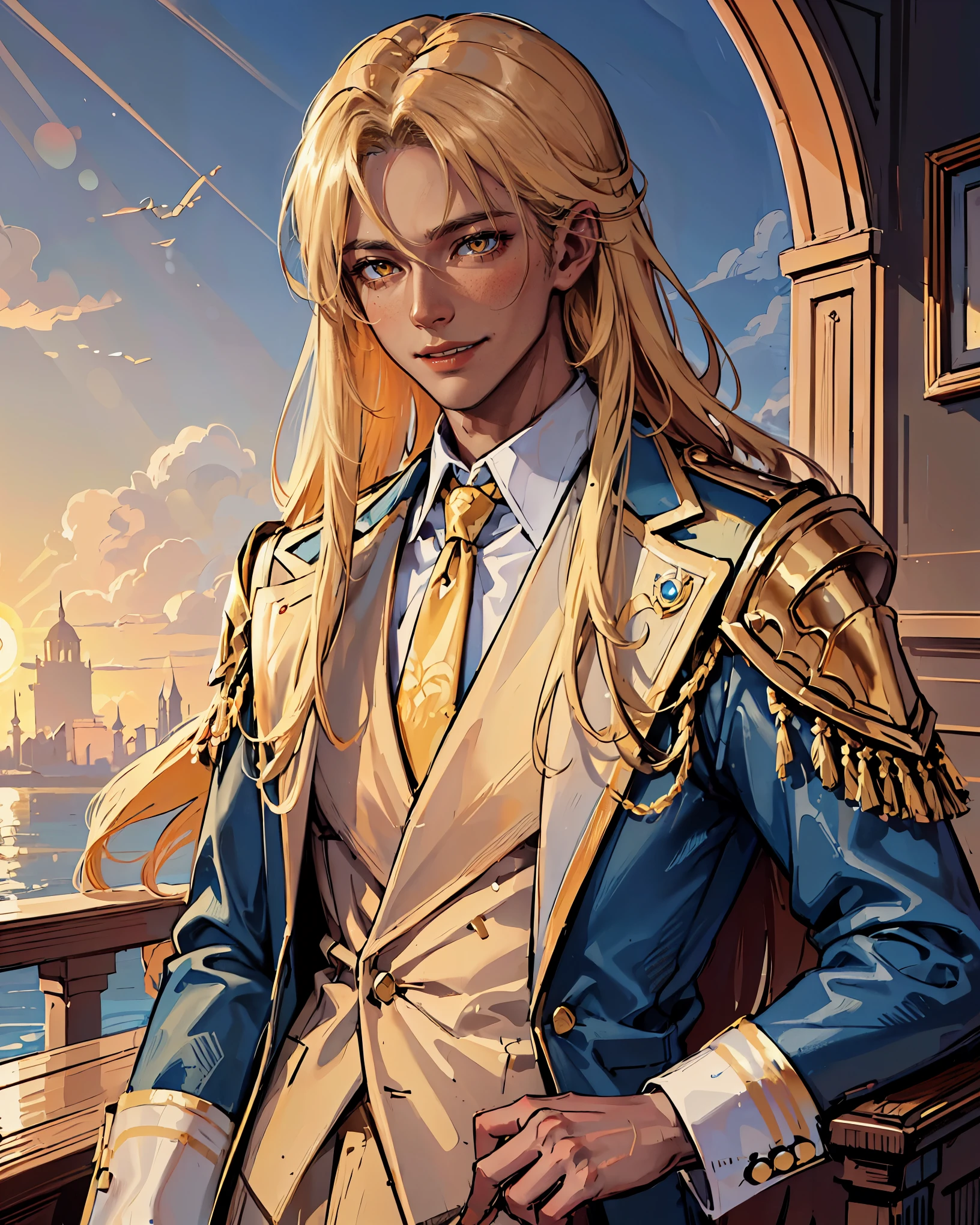 (masterpiece, best quality), solo, ((male)), (handsome), ((dark skin)), gentle, charming, smiling, heliodor, long blonde hair, yellow eyes gleam with confidence, (blue suit and subtle golden accents), sun, sun rays, sky, sunset, intricate details, upper body