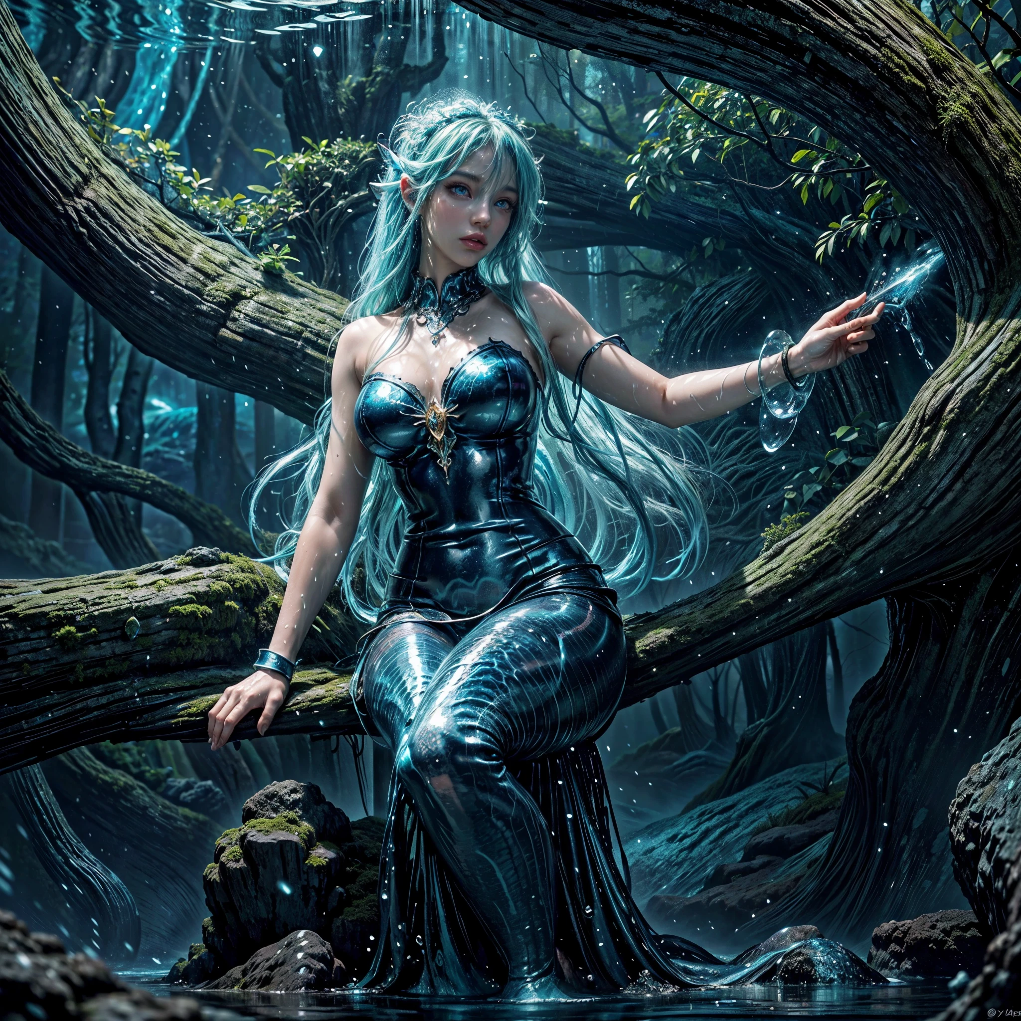 high details, best quality, 16k, [ultra detailed], masterpiece, best quality, (extremely detailed), full body, ultra wide shot, RAW, photorealistic, fantasy art, dnd art, rpg art, realistic art, an ultra wide picture of a mermaid (1.5 intricate details, Masterpiece, best quality) water mage casting ((water control spell)), water wizard ((water magic, intense magic details)), ((controlling a swirling mass of water)), magical symbols GlowingRunes_pink, female mermaid, blue skin, green hair, long hair, swirling hair, intense eyes, small pointed ears, ((blue eyes)), ((glowing eyes)), armed with magical wand, wearing sea shell clothing, beautiful mermaid, underwater background, rich underwater life, ((magical atmosphere)), fish and sea weeds, high details, best quality, highres, ultra wide angle