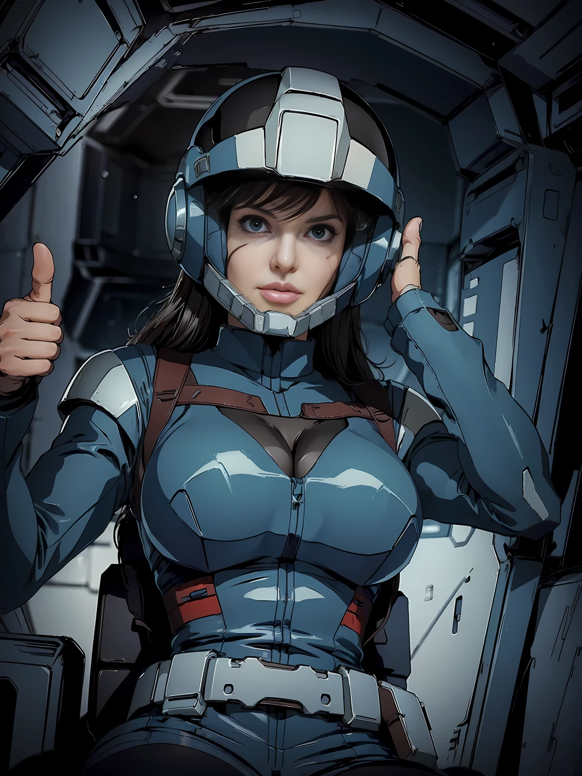 (((masterpiece,highest quality,In 8K,Super detailed,High resolution,anime style,absolutely))),A female Earth Federation Forces pilot sits in the cockpit of a mobile suit..,(alone:1.5),(Angelina jolie:1.5),(((front:1.4))),((seriously:1.5)),(((good:1.5))),(((The background is the cockpit of a dark mobile suit..:1.5))),((blur background:1.5)),(Wearing a pilot suit:1.5),((Wearing a full-face helmet:1.5)),(Beautiful woman:1.5),(Detailed facial depiction:1.5),(big breasts:1.3),(wallpaper:1.5),(from below:1.5)