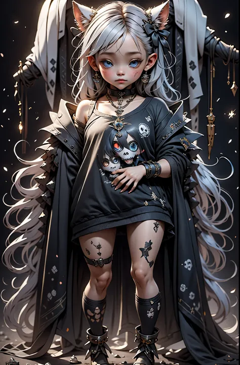 1girl,cute,horrible,scary,dark,unhappy,depressive,disturbing,weird,graffiti,standing surrounded by skulls and chaos,,chaos,kawai...