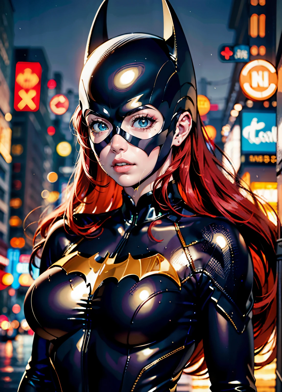 (masterpiece:1.2, best quality), current, (real picture, Complex details, depth of field), red haired woman, beauty, batgirl clothes, Batgirl cosplay, full body photo, prominent figure, In skyscrapers, night, photo (masterpiece) (best quality) (detail) (8k) (HD) (wallpaper) (Cinema lighting) (sharp focus) (Complex), sexly, rain, Wet, lightning, Wind-effect, best quality, ultra high resolution, photorealistic, full body portrait, Incredible beauty, big deal breasts, big deal , Biggest deal breasts, Big deal breasts, red face
