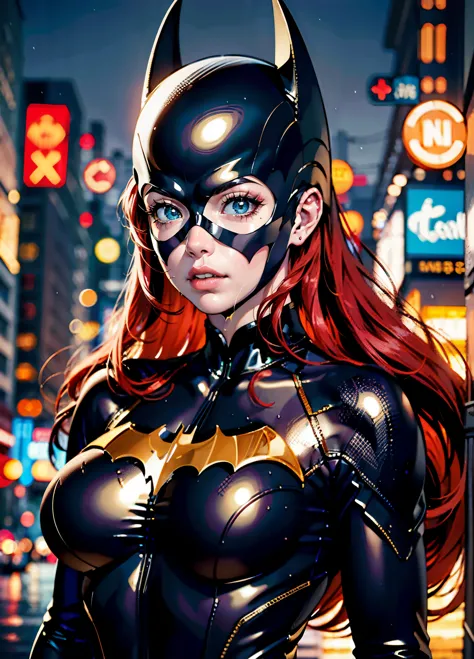(masterpiece:1.2, best quality), actual, (real picture, 复杂的detail, depth of field), red haired woman, beauty, batgirl clothes, B...