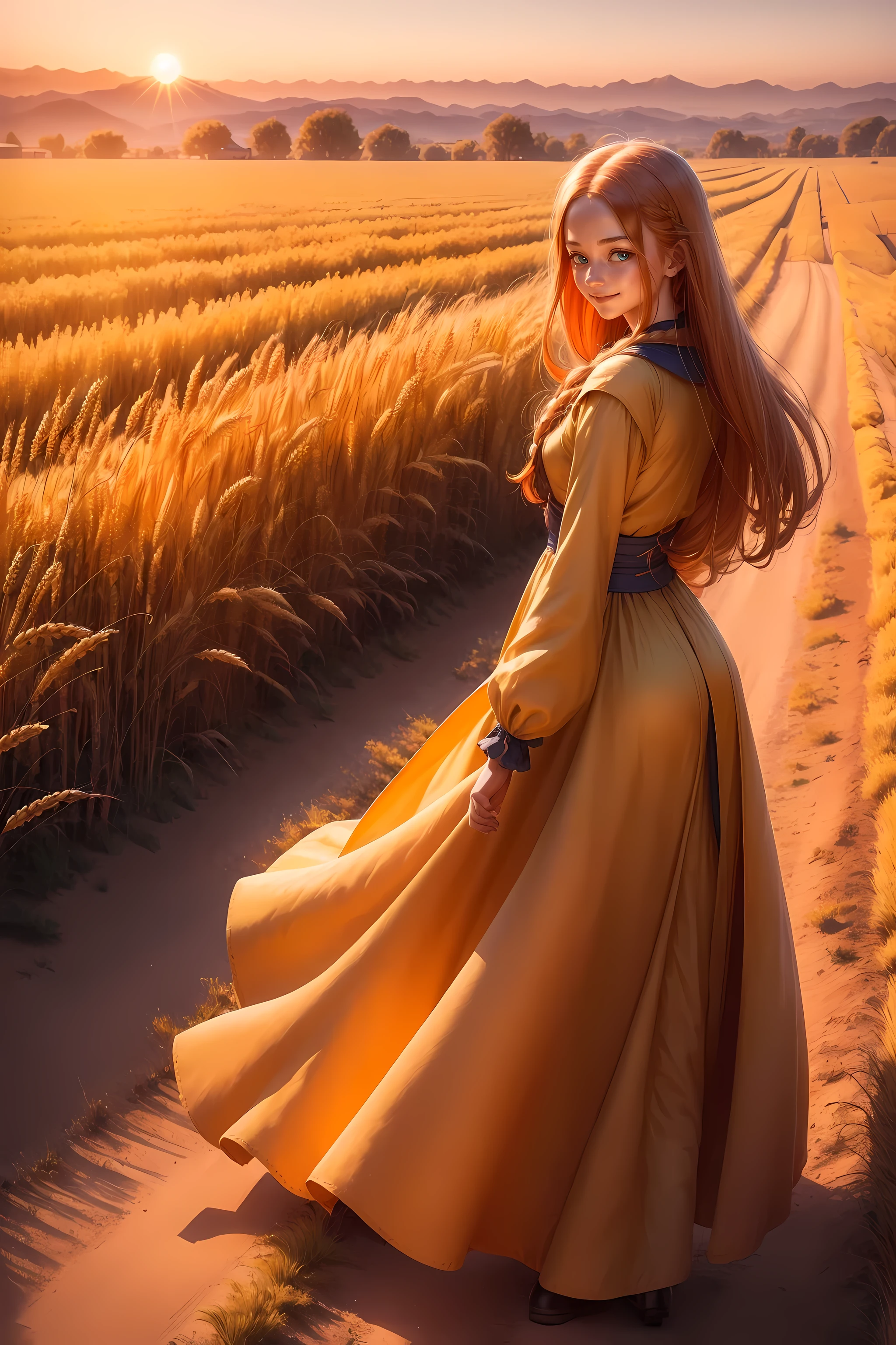 1 girl, alone, orange long hair, running, (tall wheat fields), turn around, emerald eyes, blue dress, middle Ages, middle ages clothing, long sleeve sunset, light from behind, shadows on characters, Smile, laughter, (blue sky), Against the background of wheat, stand far away, looking at the audience, full length