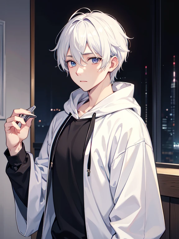 first class、High resolution、high contrast、 (best illumination、very delicate and beautiful)、one young man、male、White hair color、黒いフードを目深に被ったmale、suspicious、Low exposure、Upper body、wearing a sweatshirt hoodie、anime style