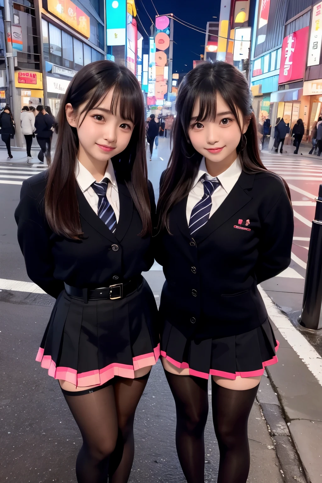 Two asian girls in school uniforms posing for a picture on a city street -  SeaArt AI