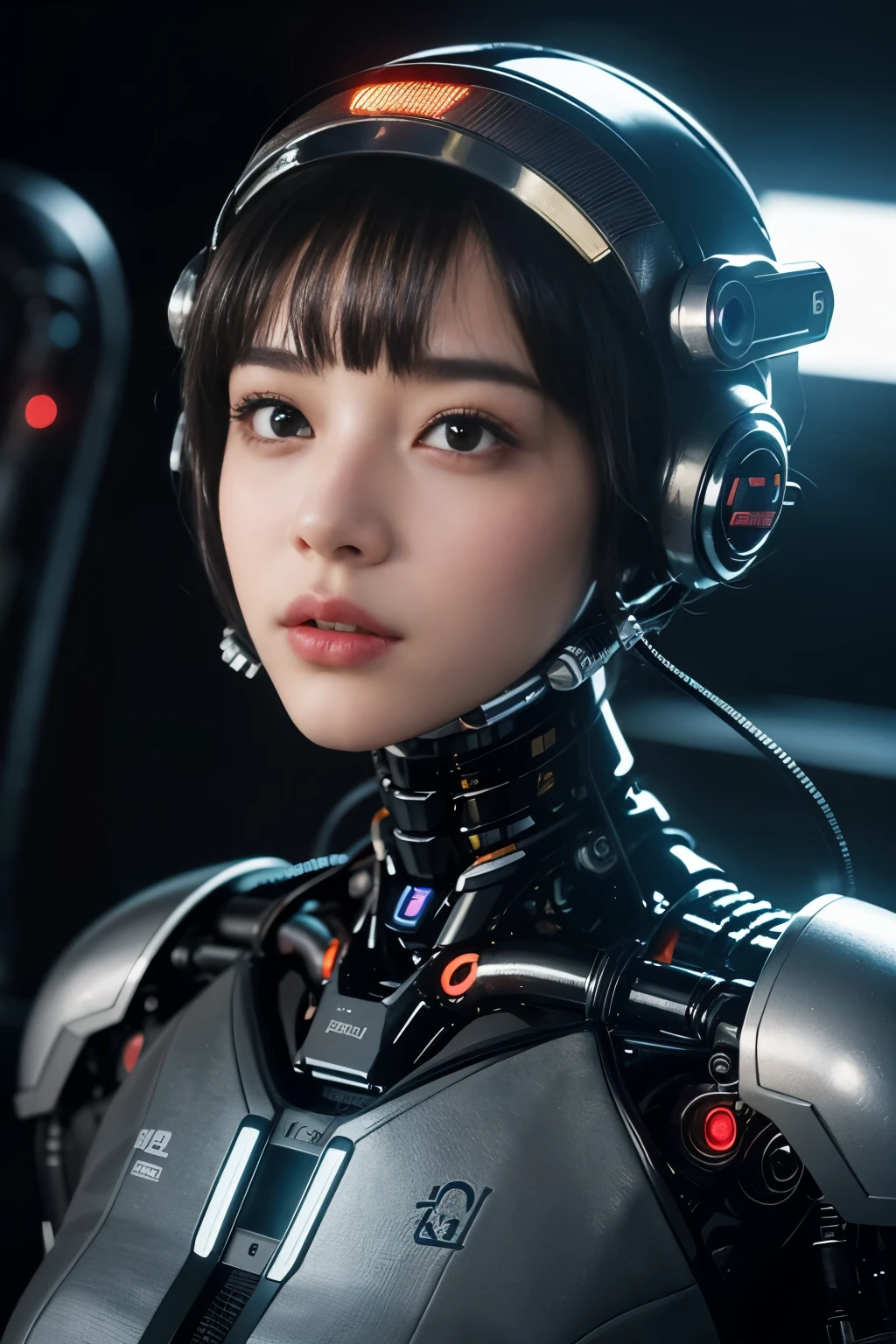 (Meilleure qualité, Réaliste:1.37, ultra-détaillé, extrêmement détaillé, organisme cybernétique:1.1), beau dessin, Robot sur chenilles avec la tête d&#39;une belle fille, Complexe, couleurs vives, professionnel, science-fiction, éclairage de studio, Cinématique. 