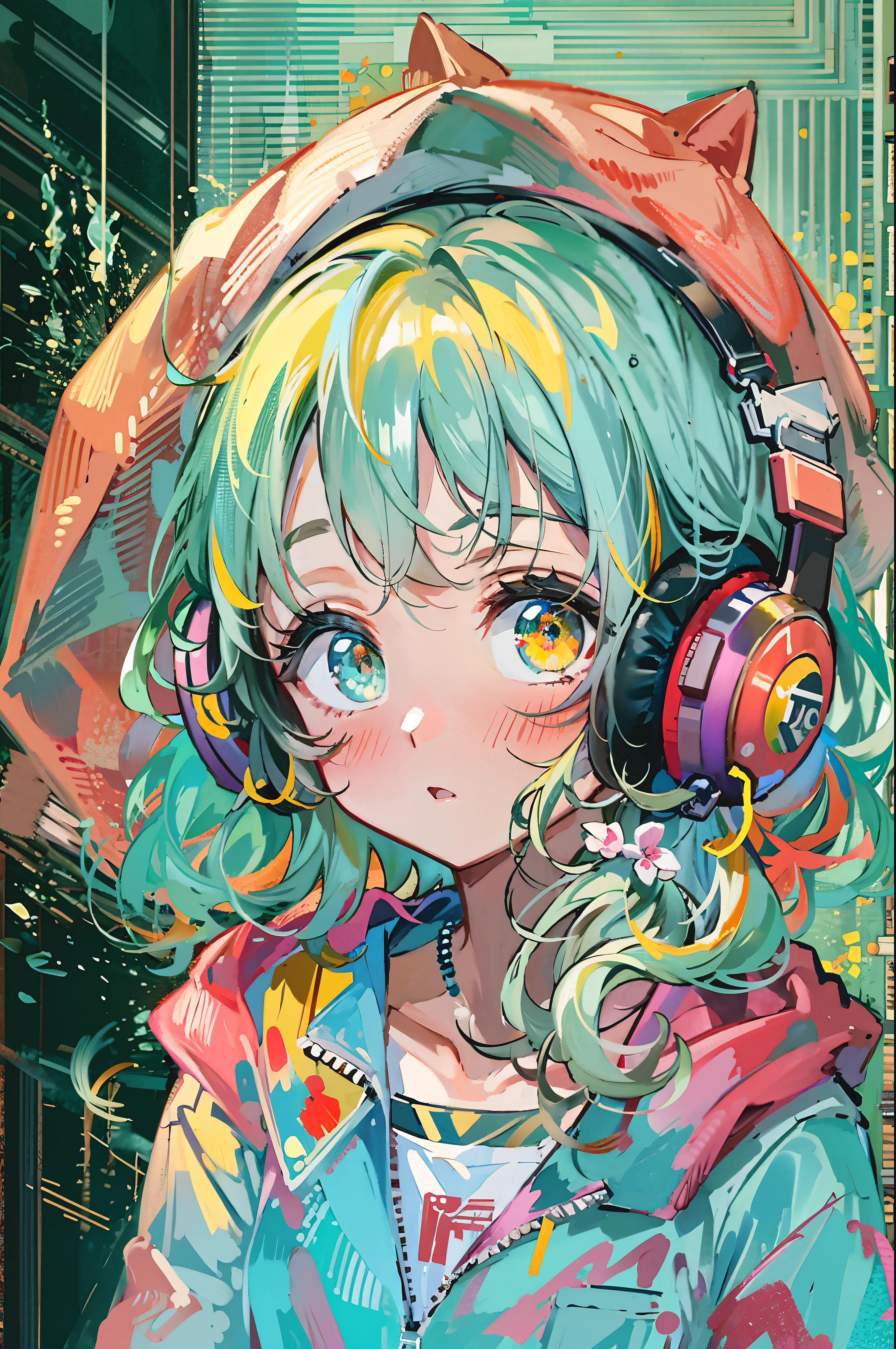 8K resolution、((highest quality))、((masterpiece))、((Super detailed))、1 female、alone、incredibly absurd、oversized hoodie、The background has a design that looks like paint has been splattered..、headphones、street、yellow background、rain、Fluorescent neon、short cut hair、colorful hair tips、light colored eyes、put one&#39;Hand in hand&#39;pocket of、shorts、water dripping、unusual colored eyes, bright eyes