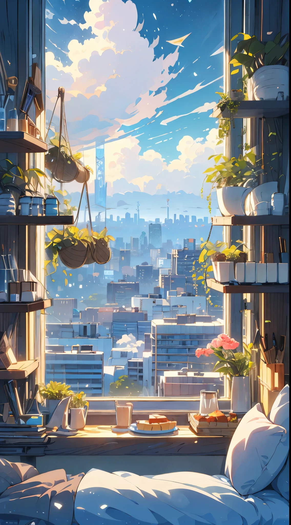 (masterpiece:1.2), best quality,PIXIV,cozy animation scenes,
scenery, cityscape, city, skyscraper, building, window, cloud, sky, food, indoors, computer, book, bed, table, clock, pillow, no humans, chair, cake, monitor, cup, plate, skyline, lying
 