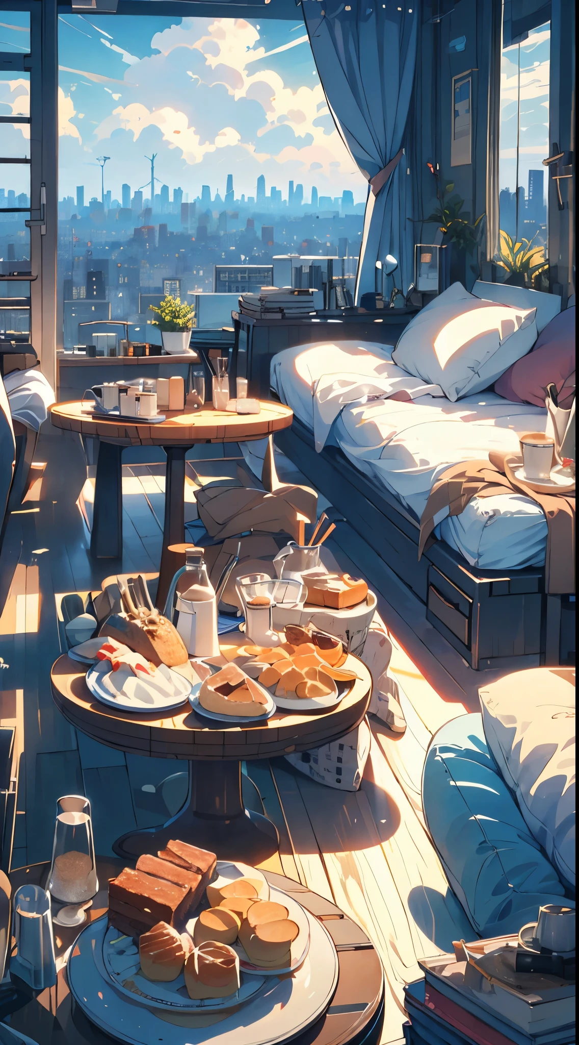 (masterpiece:1.2), best quality,PIXIV,cozy animation scenes,
scenery, cityscape, city, skyscraper, building, window, cloud, sky, food, indoors, computer, book, bed, table, clock, pillow, no humans, chair, cake, monitor, cup, plate, skyline, lying
 