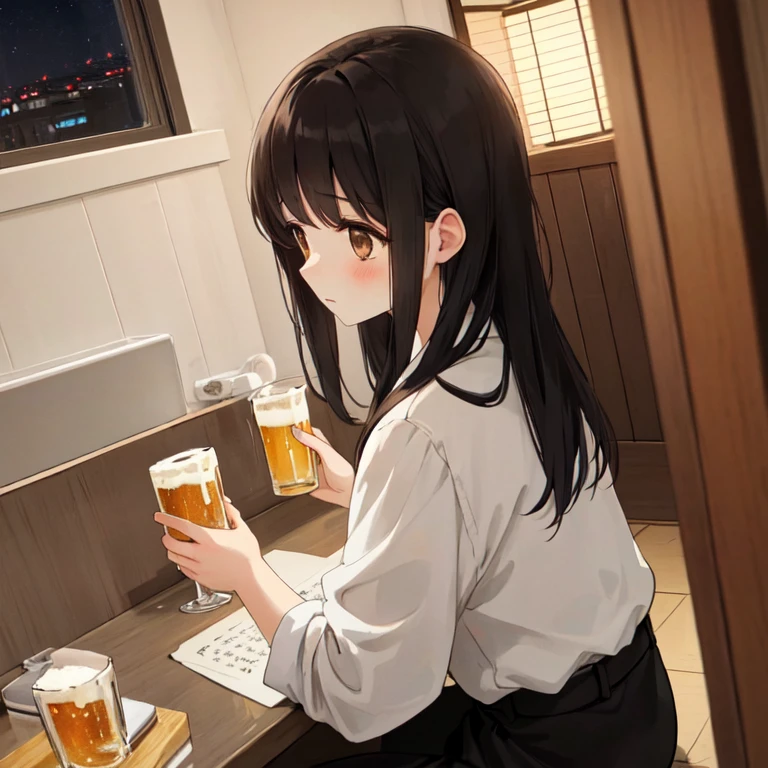 1girl, solo, super fine illustration, an extremely delicate and beautiful, best quality, black hair, long hair, brown eyes, looking down, sad, sick, pale, white blouse, black skirt, beer glass, toilet stall, floor, light, izakaya, indoor, night