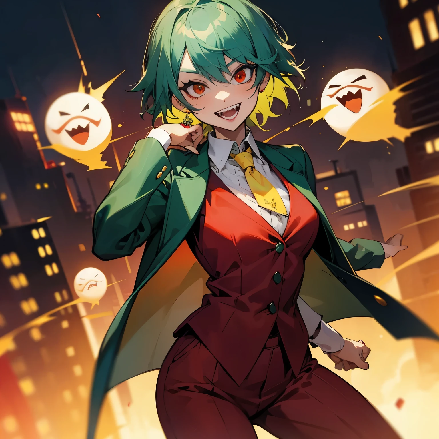 female joker, anime girl, green hair, red blazer, red pants, green collared shirt, yellow, yellow linen waistcoat, red eyes, clown makeup, crazy, yandere, city background, night time, silly face, normal teeth